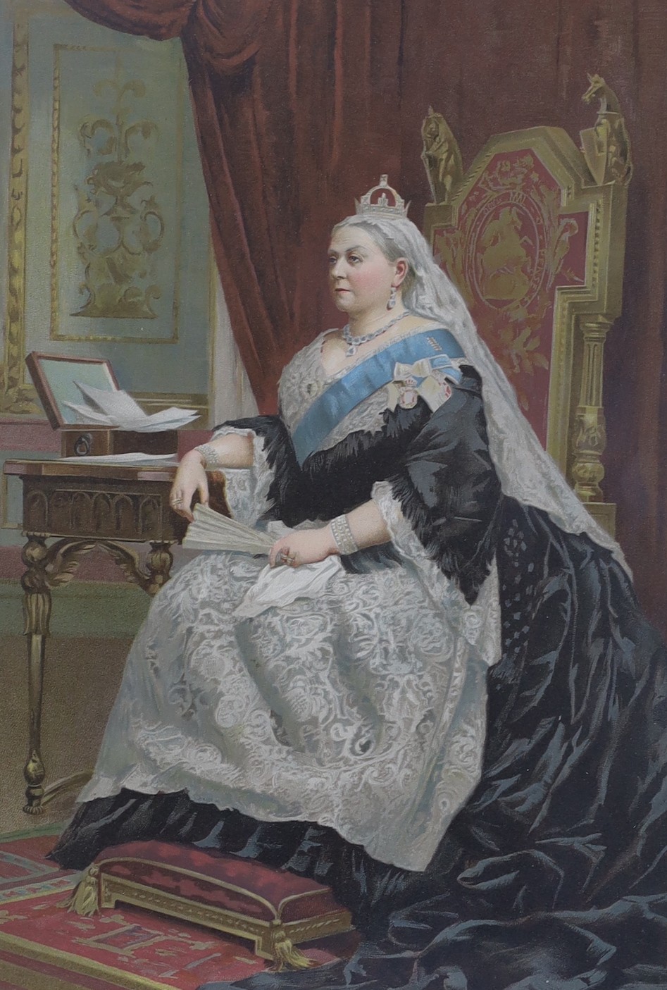 Alfred Cooke publ., chromolithograph, Portrait of Queen Victoria, the Sovereign of 60 years, 60 x 49cm, another chromolithograph, The late Majesty, Queen Victoria, 84 x 74cm, and an 1887 Jubilee portrait